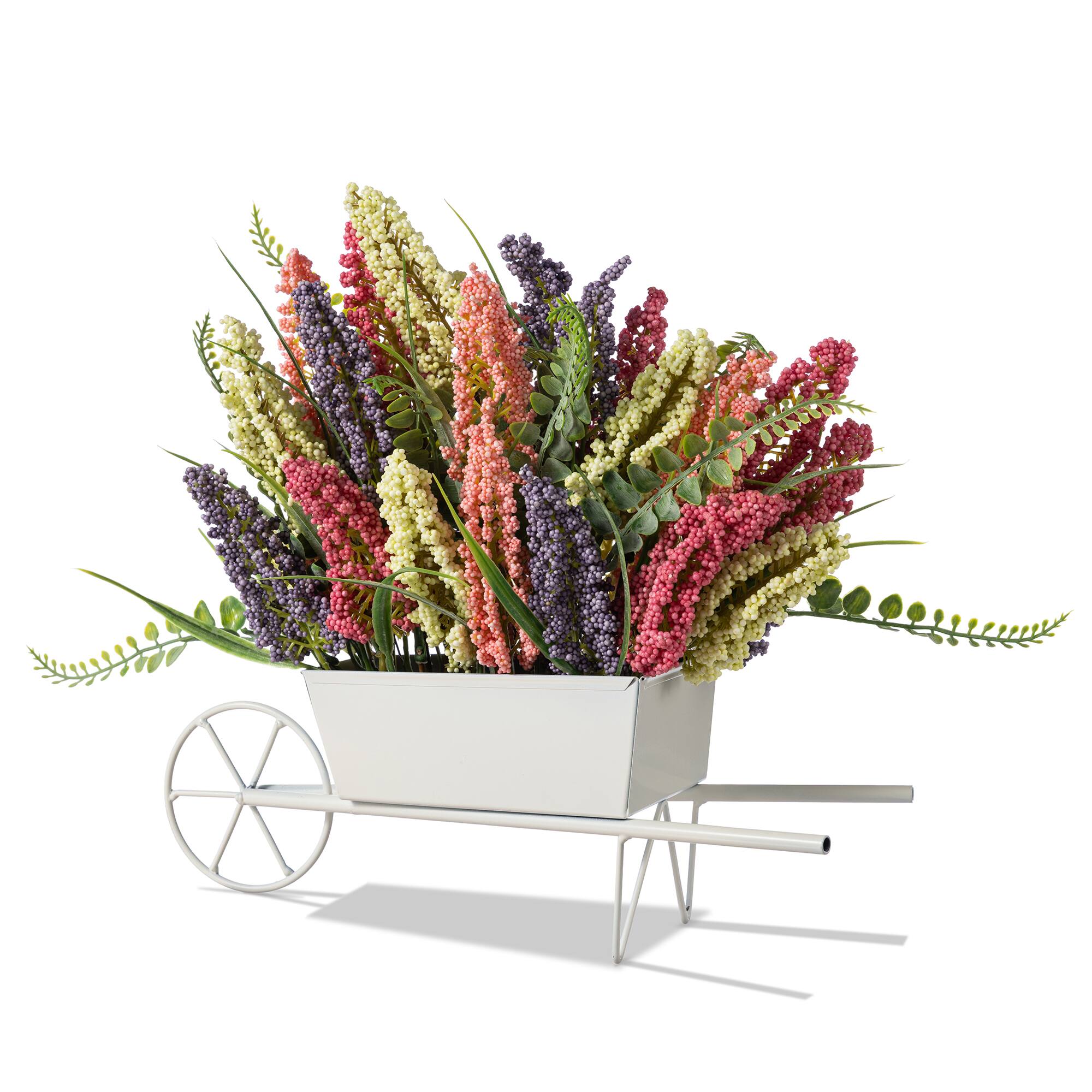 Glitzhome® 11" Pink, Purple & Yellow Mixed Heather Cart Centerpiece
